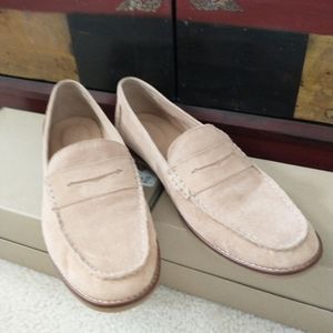 Sperry Suede penny loafers wood stack heels rubber sole